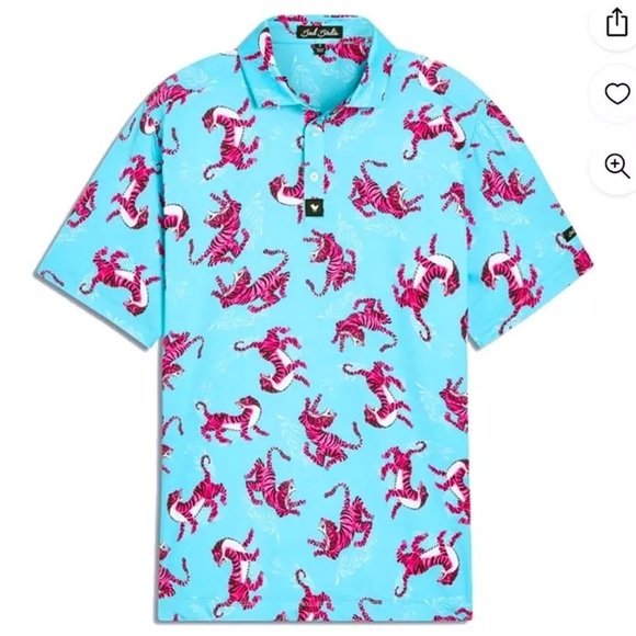 Bad Birdie Men’s Tourqouis Blue Polo with Pink Tigers Size Medium - Picture 2 of 8
